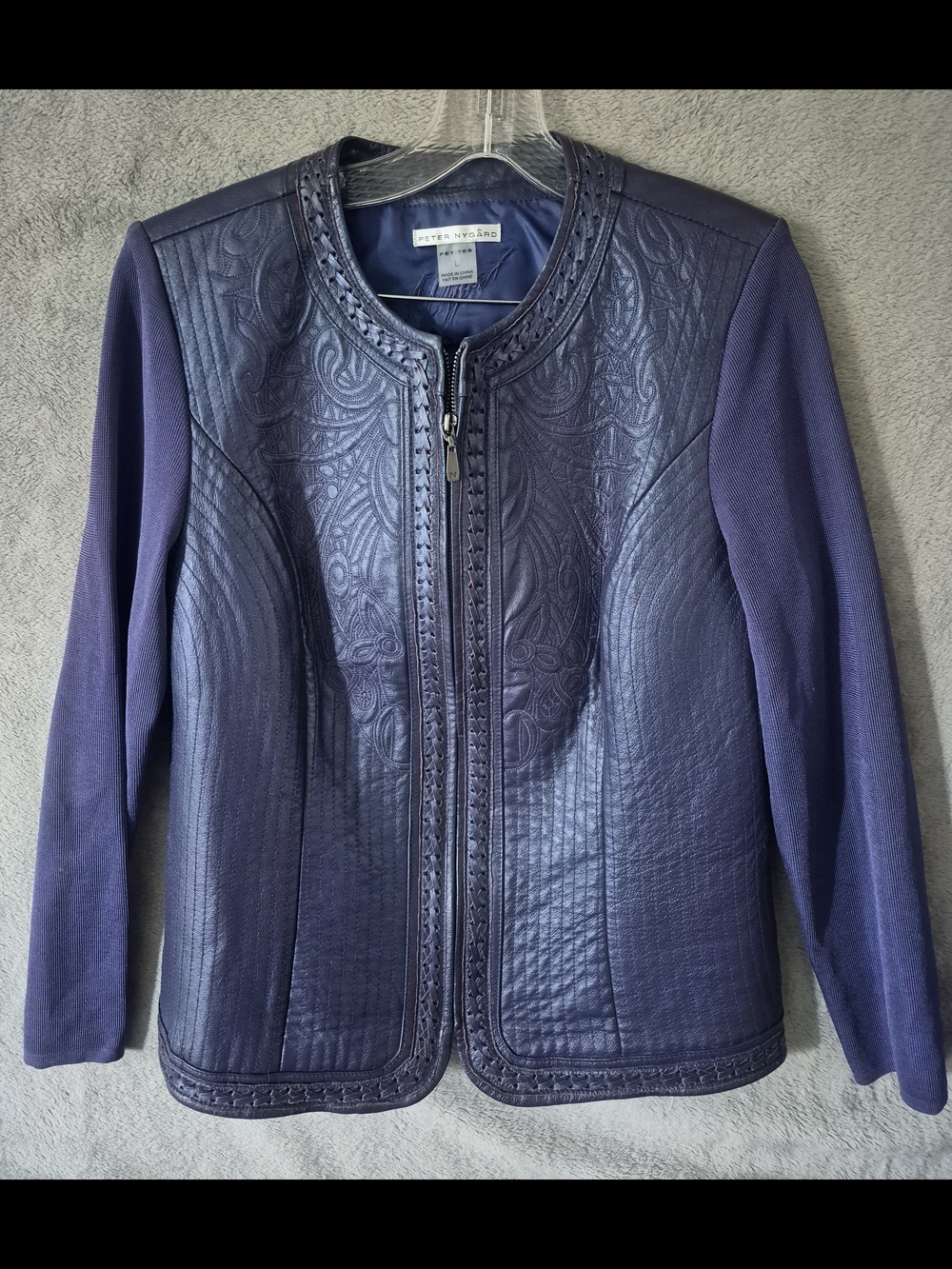 Peter Nygard Navy Textured Leather-Front Zip Jacket
